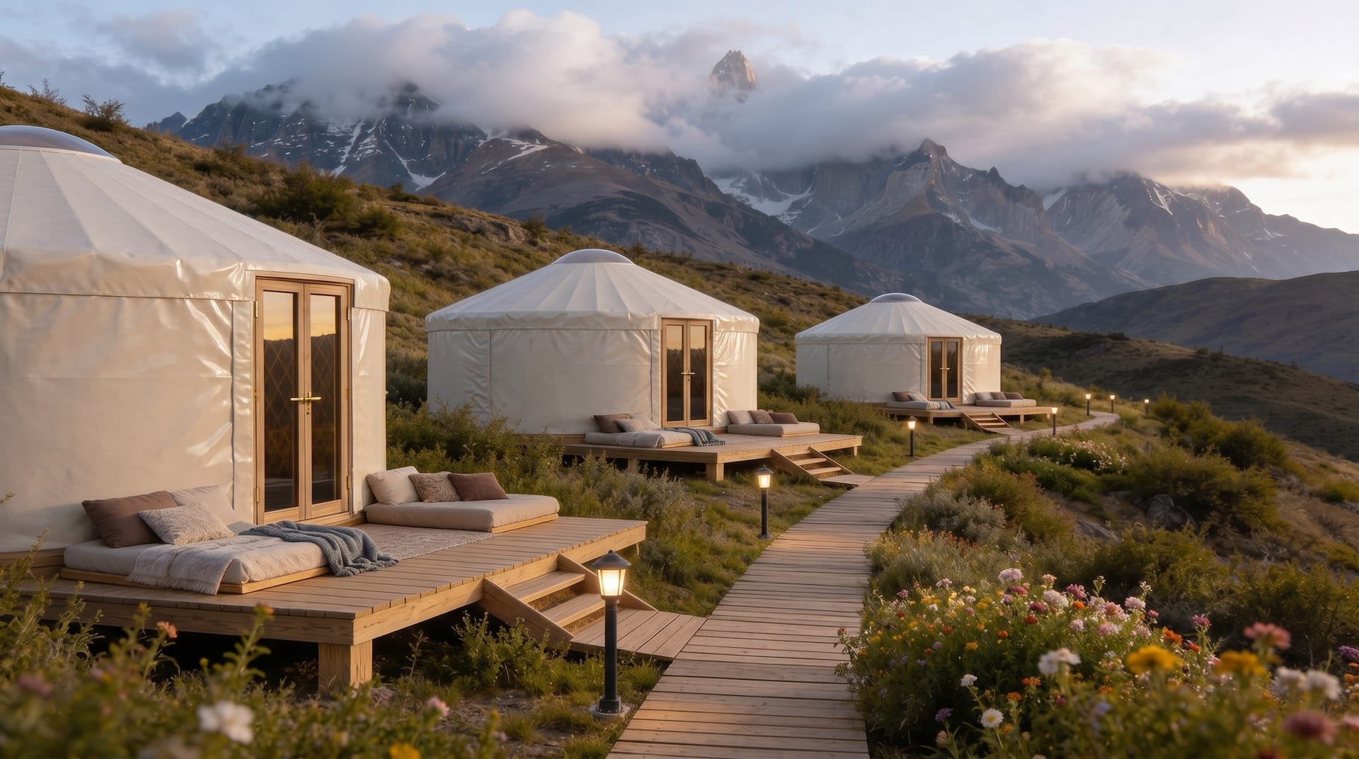 Yurtas de glamping en la Patagonia al atardecer