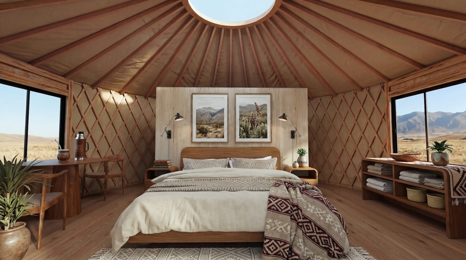 Interior de yurta de lujo con cama y vistas