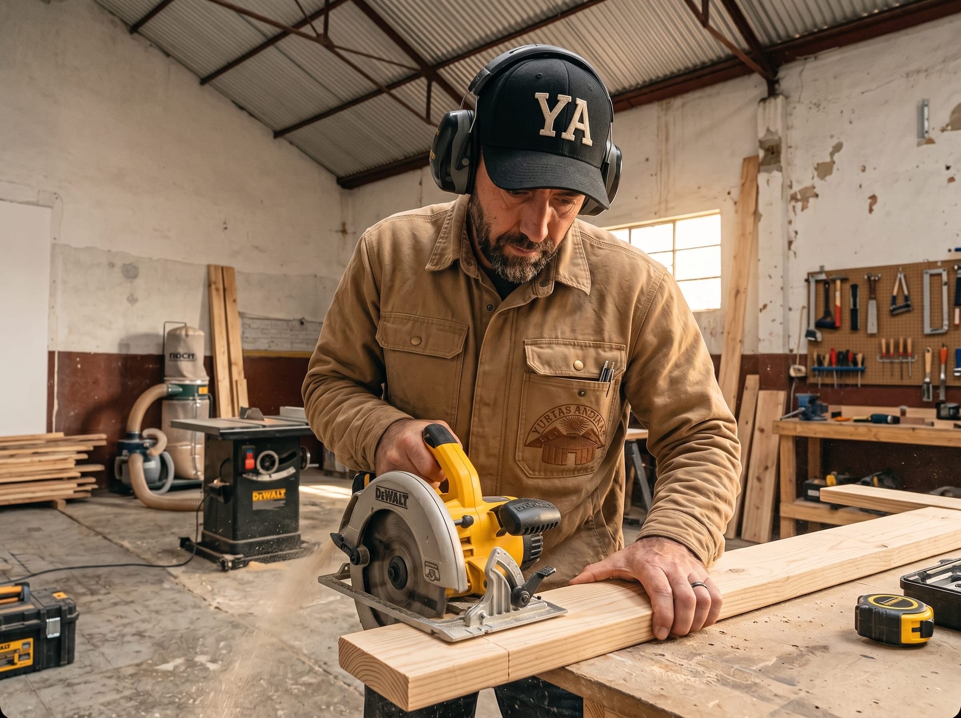 Trabajador cortando madera en el taller de Yurtas Andinas