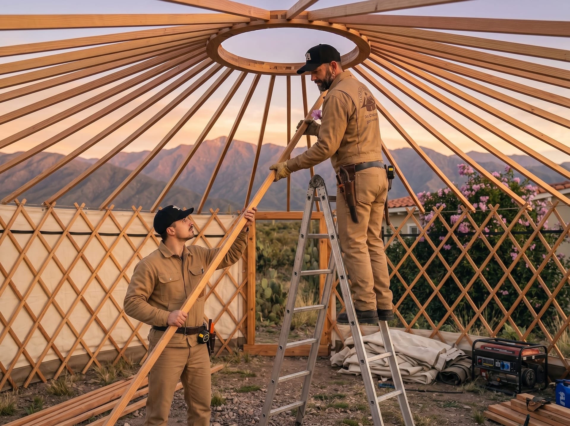 Trabajadores instalando la estructura de una yurta en la Patagonia