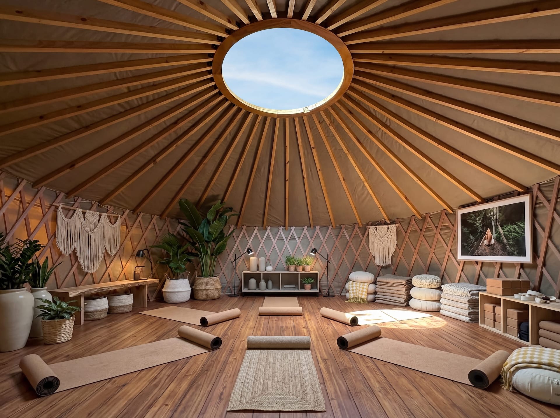 Interior de yurta preparada para yoga y bienestar