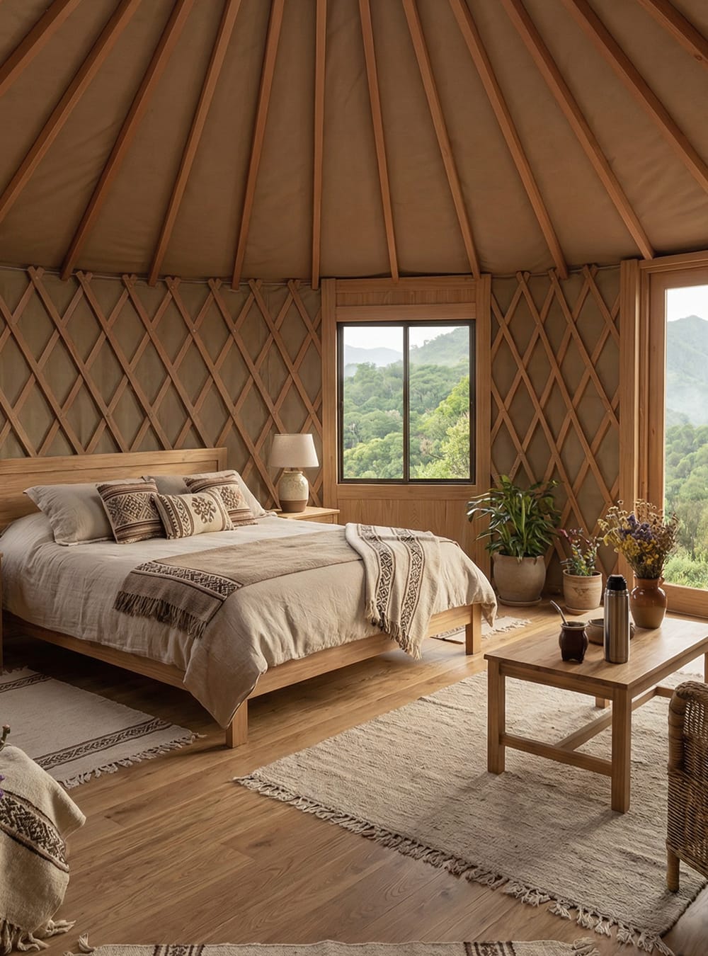 Interior acogedor de yurta con cama de madera y vistas a la montaña